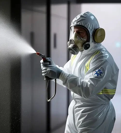 Técnico de FumiControl aplicando tratamiento con equipo de protección